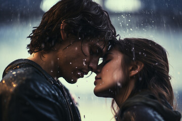 portrait of a kissing under rain couple, true love