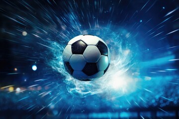 Football is in the goal with blue sky and water spray splashing