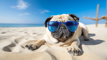 Pug Relaxing On The Beach.  Generated with AI.