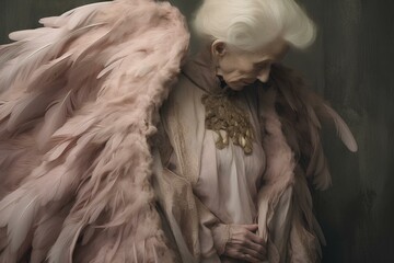 flying older woman angel detailed fashion, pink angel flamingo. generative AI