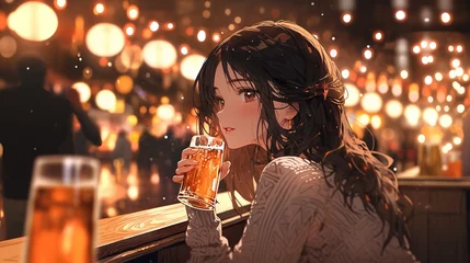 Fotobehang ［AI生成画像］ビールを飲む女性、バー7 © 孝広 河野