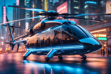 A helicopter is parked on a wet street at night in a cyberpunk city. The image is blue and has neon...