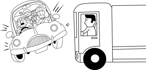 自動車とトラックの交通事故のイラスト（線画）