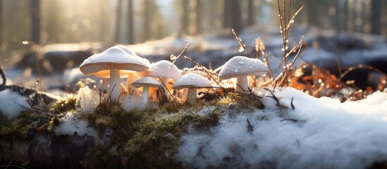 Norwegian forest amidst the healthy trees with bark of remarkable toughness rare tree mushrooms bloom after the snow melt their medicinal properties sought after for their expensive price t - obrazy, fototapety, plakaty