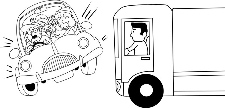 recommend clip art: 自動車とトラックの交通事故のイラスト（線画）
