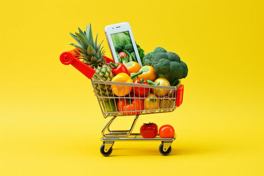 shopping cart full of vegetables with phone on yellow solid background with copy space