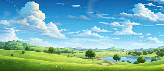 summer as the blue sky stretches over the lush landscape travelers are drawn to the vibrant green grass and blooming flowers of the spring Driving along the winding road they pass by farms a