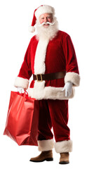 Santa Claus posing near bag full of gifts, isolated on isolated background.
