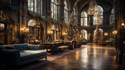 Fototapeta na wymiar hotel lobby with Christmas decoration, lights everywhere, waiting for Christmas and Christmas Eve to celebrate