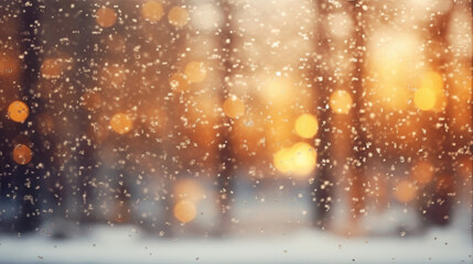 Window from inside with falling snowflakes and a Christmas bokeh background