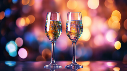 A two glass of sparkling wine on a colorful confetti on blur festive background