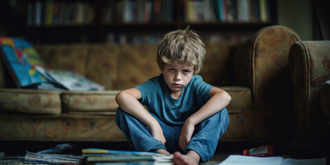 Sad boy with dyslexia hate reading a book at home - obrazy, fototapety, plakaty