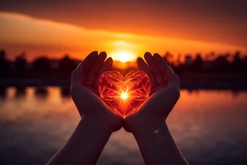 Fototapeten hands holding red heart on the beach at sunset © RJ.RJ. Wave