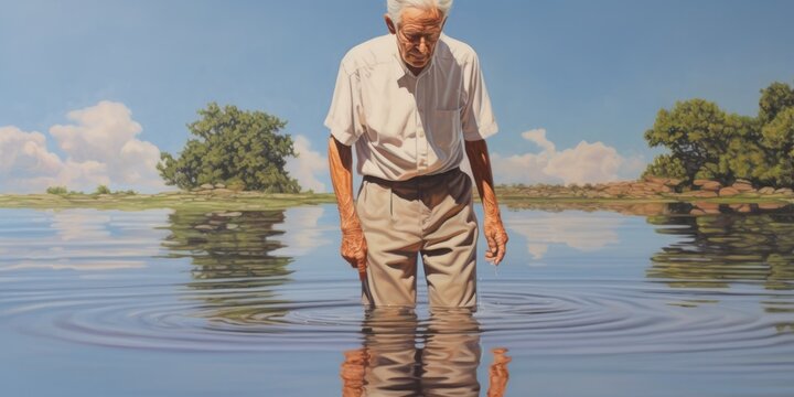 a realistic painting of an elderly man standing in water, generative AI