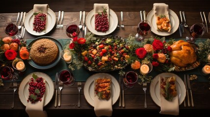 Christmas table with friends and family living together on Christmas Eve celebrating Christmas and the company of family