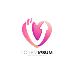 Fototapeta premium Love and arrow design combination, letter V logo and heart icons