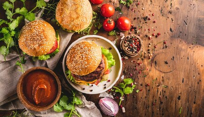 top view of Tasty hamburger on wood background. Space for text.  AI Generated.