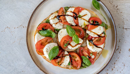 A top-down shot captures the simplicity and beauty of a caprese bruschetta, with diced tomatoes, fresh mozzarella, and basil on toasted bread drizzled with balsamic glaze.