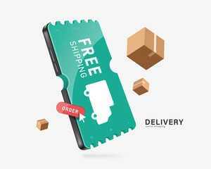 Smartphone that looks like free shipping promotion sign and has an order button on front with a package floating in the air around it