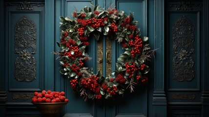 Fototapeta na wymiar Christmas wreath with bows and decoration, Christmas spheres and decoration in the background