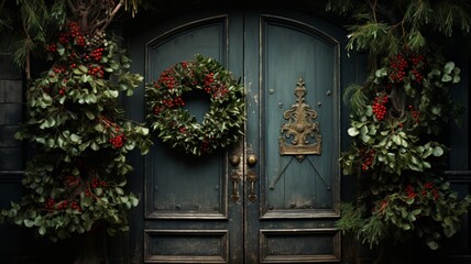 Fototapeta na wymiar decorated door wreath all for Christmas with door decoration