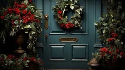 Fototapeta na wymiar door decorated with Christmas mistletoes wreath on the door to gain access, entrance decoration for your guests