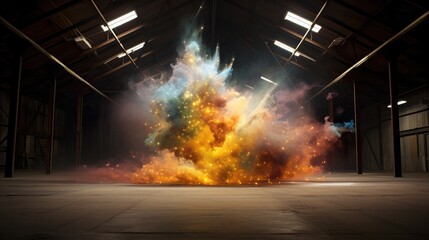 A large explosion of colored smoke in a building. Generative AI.