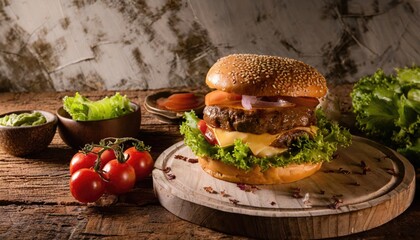 Juicy American burger, hamburger or cheeseburger with two beef patties, with sauce and basked on a black background. AI Generated.