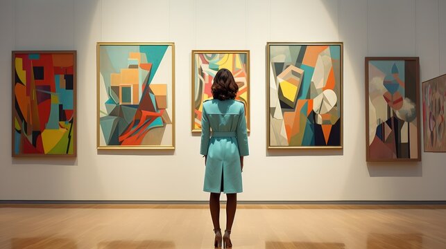 A woman standing in front of paintings in a museum. Generative AI.