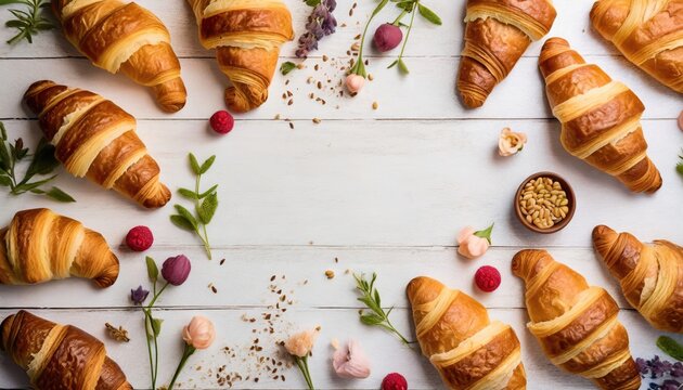 Frame made of delicious croissants and different fruits on light background. AI Generated.