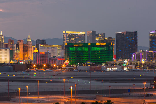 Panorama of the city of Las Vegas in the Nevada desert. Las Vegas, in Nevada’s Mojave Desert, is a resort city famed for its vibrant nightlife, centered around 24-hour casinos and other entertainment 