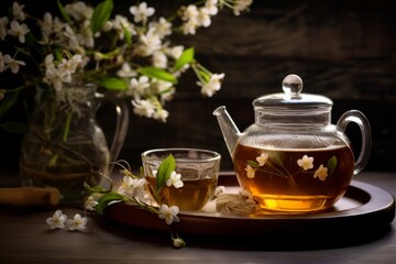 Experience tranquility with a warm cup of Jasmine tea placed on an old wooden table with fresh Jasmine flowers around
