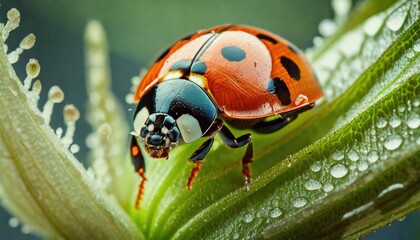 Fototapeta premium ladybug on his jounrey throught the meadow. close up macro shot. AI Generated.