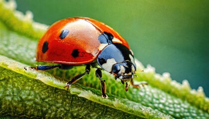 Obraz premium ladybug on his jounrey throught the meadow. close up macro shot. AI Generated.