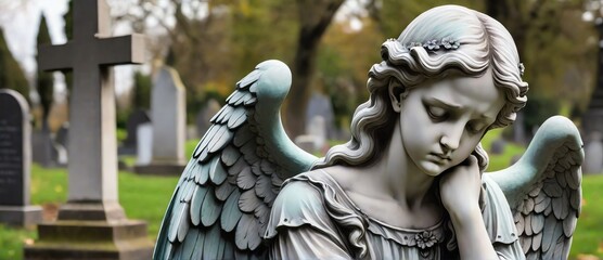 Sad angel statue at the cemetery from Generative AI - obrazy, fototapety, plakaty