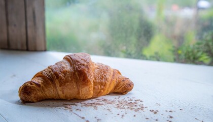 delicious croissant served in a white dish, on a wooden table, close up, green landscape in the background. AI Generated.