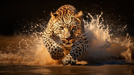 A Leopard Hunting Running towards the Camera through the Muddy Water in the Forest Wild Big Cats...