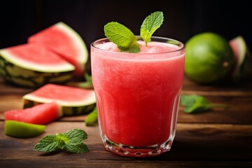 Summer's Perfect Drink: Freshly Made Watermelon Mint Juice on a Rustic Table