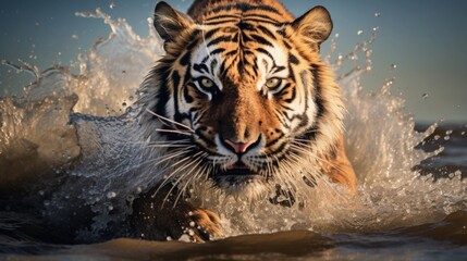 A Tiger Hunting Running towards the Camera through the Muddy Water in the Forest Wild Big Cats...