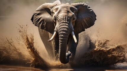 Elephant Fleeing Predators Running towards the Camera through the Muddy Water in the Forest...