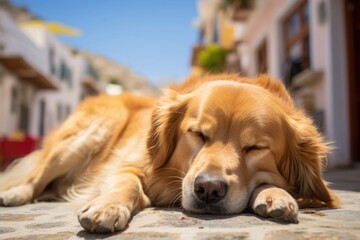 A Golden Retriever Dog Sleeping on the Street of Santorini, Greece on a Sunny Day Mediterranean Morning Sunshine Outdoor Portrait Animal Pet Photography Relaxed Happy Healthy Mood Good Mental Health - Powered by Adobe