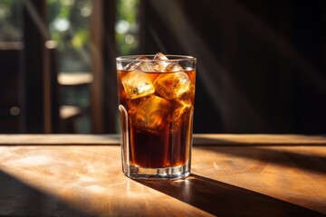 An inviting glass of bubbly Espresso Tonic resting on an old-fashioned table under the soft sun rays