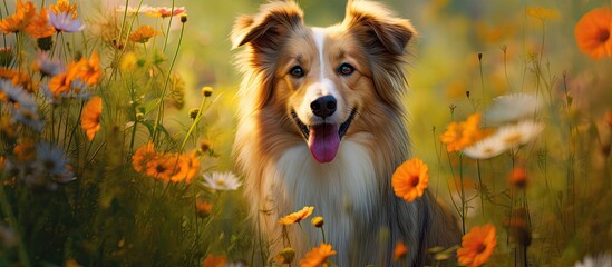 lush green garden a happy dog with a cute face could be seen surrounded by colorful flowers embodying the joy of nature summer The background of the portrait was a blend of spring grass and - obrazy, fototapety, plakaty