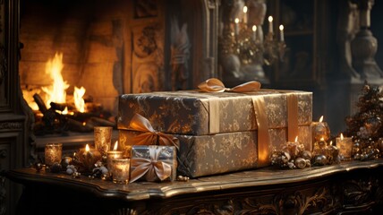Wrapped gifts on the table, with a bow and gold ribbon in the background, a fireplace lit on fire, everything ready for Christmas and Christmas Eve.