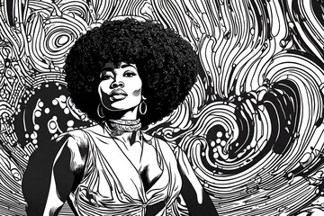 An illustration of a pretty black african american woman with an afro from the 1970s disco era. Black and white line drawing.