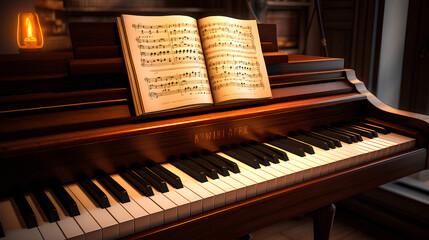 Fototapeta na wymiar Hearthstone style, piano keys, music sheet on top of piano