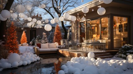 terrace decorated for Christmas with white balloons and Christmas trees with warm lights