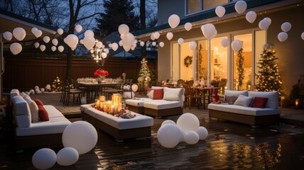 armchairs and outdoor furniture in the Christmas season with the floor wet from the rain, decoration with balloons, Christmas tree and warm lights