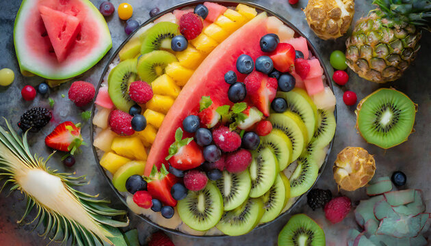 A top-down shot captures the beauty of a rainbow fruit salad, with an array of vibrant fruits like watermelon, kiwi, pineapple, and berries, creating a refreshing and visually appealing dish.