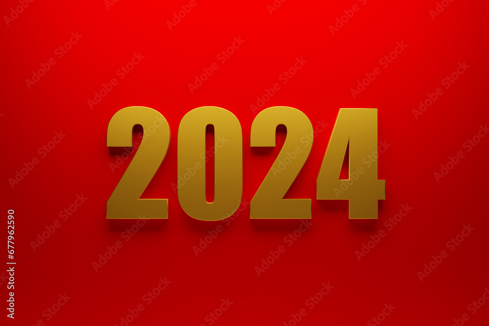 Fototapete 3d illustration of a happy new year 2024 in a red background. design, illustration for web banner, w